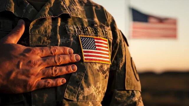 American Soldier in Camouflage Uniform Placing Hand on Chest with US Flag Patch
