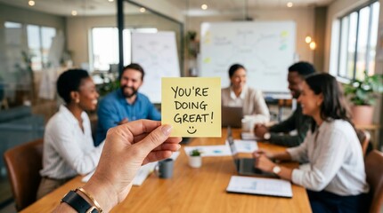 Fototapeta premium Hand holding motivational sticky note with text you are doing great in office meeting background