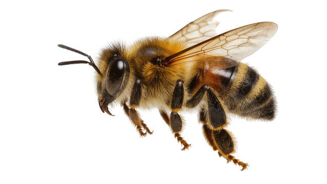 Furry honey bee with striped abdomen wings spread, isolated on transparent background