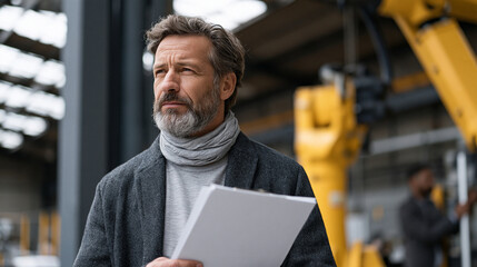Obraz premium Factory supervisor gripping paper clipboard watching automation engineer install robot arm on assembly line, digital transformation resistance, industrial manufacturing floor, harsh midday sun throu