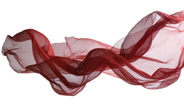 Flowing deep red sheer fabric waving gracefully, isolated on transparent background