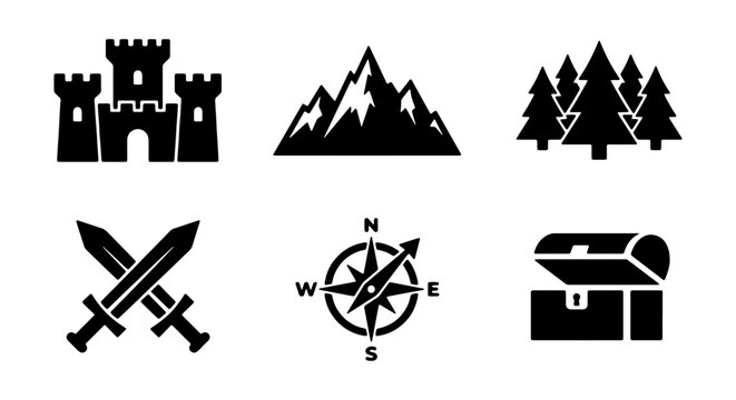 Medieval adventure icons set, fantasy game map elements, black vector quest symbols