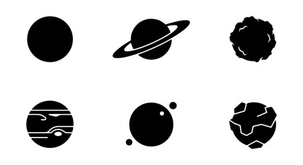 Minimalist planet icons set, black celestial bodies, 6 space vector elements for UI © Roksana