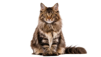 Obraz premium Majestic Maine Coon cat with long brown fur, sitting attentively isolated on transparent background