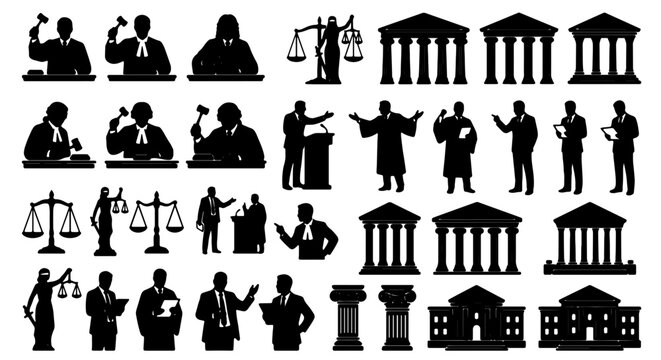 Justice Icons Set: Gavel, Scales, Judges, Court Buildings, Legal Symbols, Law Enforcement Silhouettes for Legal Services & Advocacy