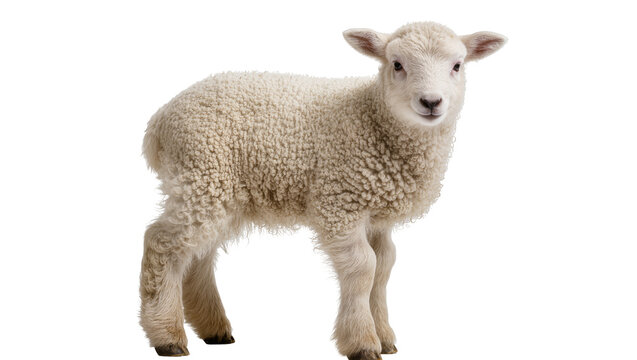 Fluffy white lamb standing, isolated on transparent background