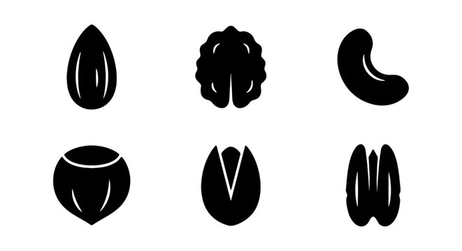 Minimalist nut icons set, black silhouette nut collection, organic snack vector graphics