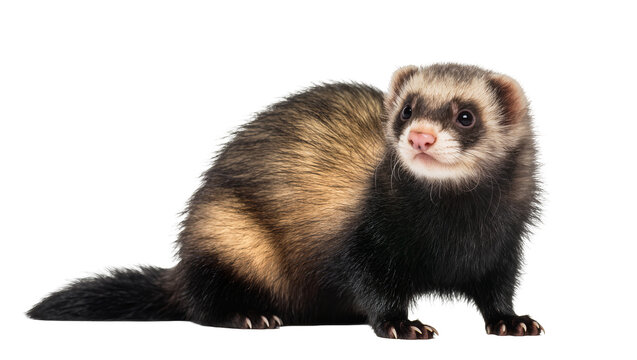 Domestic ferret with dark fur and tan markings, isolated on transparent background