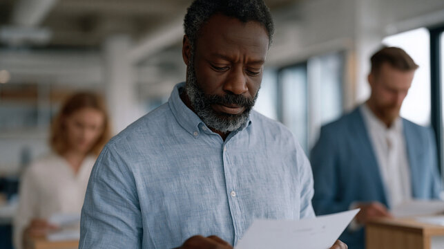 Employees voting anonymously on office policy changes using paper ballots at standing stations, company culture democracy exercise, bright open workspace, participation visible across multiple demog