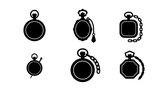 Vintage pocket watch silhouettes, 6 antique clock icons, black vector watch set