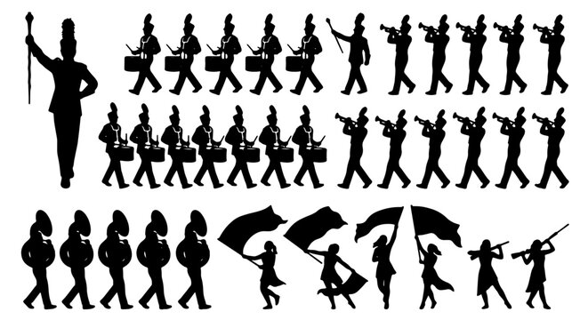 Marching Band Silhouettes, Drumline and Flag Corps Vector Set, Performance Ensemble Figures, Parade Musicians and Performers, Black and White Graphic Elements