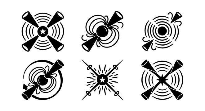 Cosmic pulsar icons set, 6 black star radiation vectors, magnetic field energy symbols