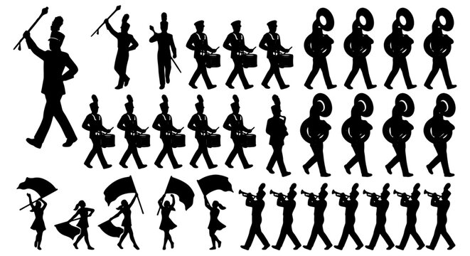 Marching Band Silhouettes, 30 Vector Elements: Musicians, Drum Majors, Flag Bearers, Brass Instruments, Percussion, Parade Performance, Music Ensemble, Celebration