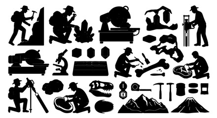 Paleontology Vector Icons Set: Dinosaur Fossils, Excavation Tools, Geologist, Scientific Research, Ancient Life Discovery © Ahsan