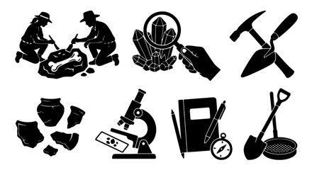 Archaeology Icon Set: Digging, Fossils, Tools, Crystals, Pottery, Microscope, Notebook, Compass, Science Research Vector Graphics © Ahsan