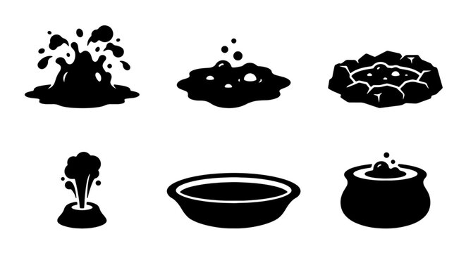 Set of 6 Black Icons Representing Water Splashes, Bubbles, and Mud Puddles, Vector Graphics for Fluid Dynamics and Environmental Concepts
