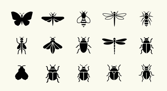 Collection of Insect Silhouettes: Butterflies, Bees, Dragonflies, Beetles