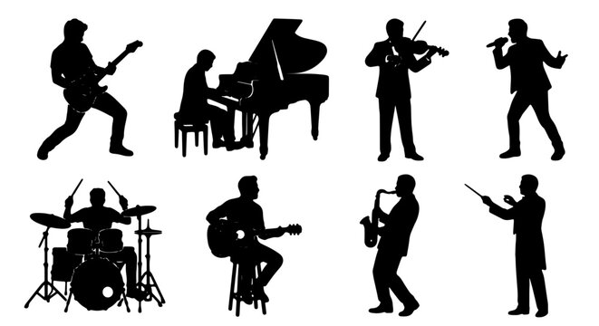 Musician Silhouettes Collection: Guitarist, Pianist, Violinist, Singer, Drummer, Saxophonist, Conductor, 8 Vector Icons for Music Performance and Entertainment