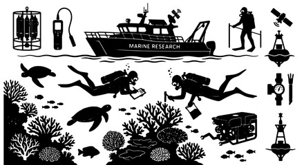 Marine Research Icons Set: Divers, Boat, Coral Reefs, Sea Turtles, ROV, Buoys, Equipment, Scientific Exploration Vector Graphics © Naimul