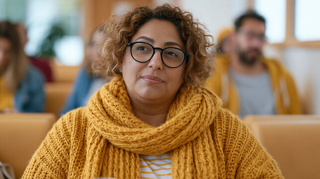 Crowded hospital waiting room where overweight woman overhears dismissive comment from nearby stranger, weight stigma in public healthcare setting, bias awareness and patient dignity concept for med