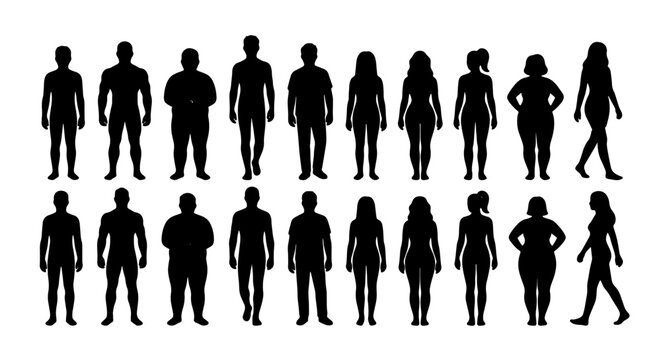 Diverse Human Silhouettes Collection, Male and Female Figures, Body Types, Vector Icons for Health, Fitness, and Social Concepts