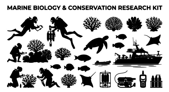 Marine Biology & Conservation Research Kit, Underwater Exploration Icons, Ocean Life Silhouettes, Scientific Study Vector Elements