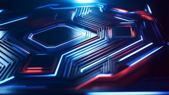 Silicon wafers with reflective surface and hexagonal patterns in blue and red neon lights, microchip technology background.