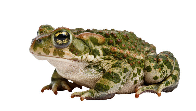 Green and brown warty toad with large golden eyes, isolated on transparent background