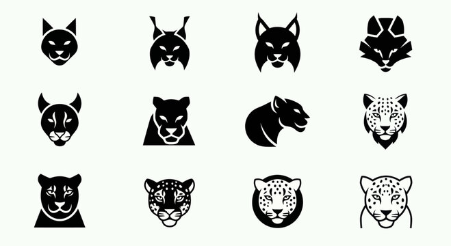 Collection of Wild Cat Icons: Lynx, Puma, Leopard, Fox, and Tiger Silhouettes