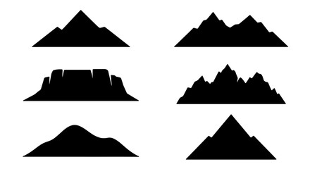Set of Six Black Silhouette Mountain Peaks, Diverse Landscape Forms, Isolated Vector Graphics for Nature and Adventure Themes © Naimul