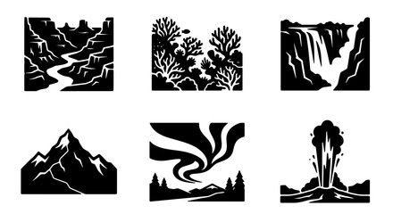 Nature Landscape Icons Set, Vector Graphics: Majestic Mountains, Flowing Rivers, Cascading Waterfalls, Coral Reefs, Aurora Borealis, Erupting Volcanoes, Outdoor Exploration, Environmental Themes © Naimul