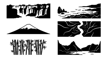 Minimalist Landscape Icons Set: Waterfall, Mountain, Bamboo, Coastline, River, Peaks Collection, Black and White Vector Graphics for Nature Themes © Naimul