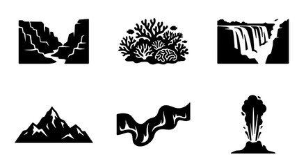 Nature Landscape Icons Set: Majestic Mountains, Grand Canyons, Coral Reefs, Waterfalls, Rivers, Volcanoes, Vector Graphics for Environmental Design © Naimul