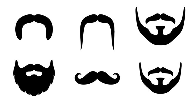 Six Black Vector Facial Hair Styles: Mustaches, Beards, and Goatees for Graphic Design and Illustration