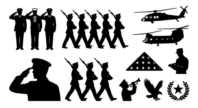 Military Service Vector Icons: Soldiers Marching, Helicopters, Saluting Officers, American Flag, Eagle, Bugler, and Laurel Wreath for Patriotic and Veteran Themes