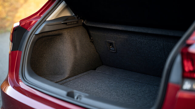 Open rear storage compartment of a modern red hatchback vehicle, showcasing clean, empty space perfect for transporting goods and luggage
