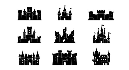 Medieval Castle Icons, Fantasy Fortress Silhouettes, Royal Palace Vector Set, Historic Architecture Graphics © Samim