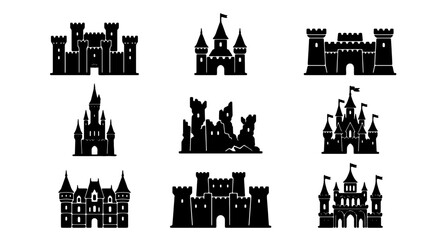 Set of 9 Black Castle Icons, Medieval Fortress Silhouettes, Fantasy Kingdom Architecture, Fairytale Building Illustrations, Royal Estate Vector Graphics © Samim