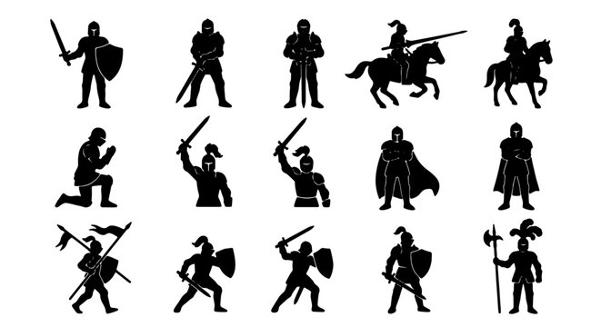 Medieval Knights Silhouette Set, 15 Warrior Poses Vector Collection, Historical Combat and Chivalry Icons
