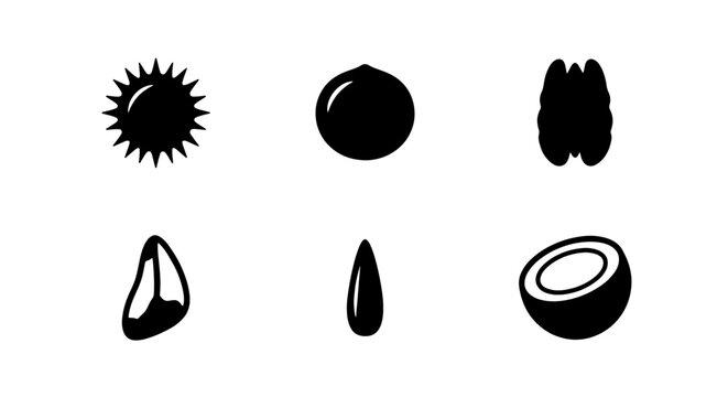Set of six black seed and nut icons, simple vector illustrations for food, health, and nature concepts.  Botanical elements, organic shapes, graphic resources.