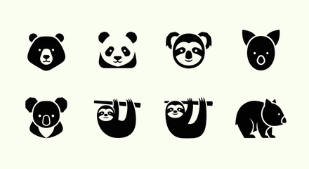 Cute Animal Icons: Panda, Koala, Sloth, Bear, Cat - Vector Set © anindya