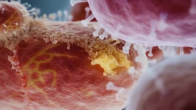 Virus cells attacking human tissue with spikes and red inflammation featuring infection, disease, microscopic with hyper-realistic and macro shot