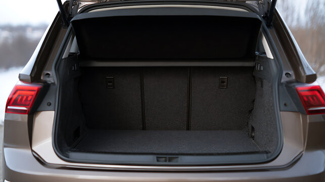 Open Trunk of a Modern Station Wagon Vehicle Ready for Cargo Storage on a Winter Day, Outdoor Lifestyle, Automotive Utility and Design