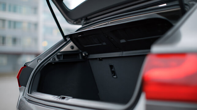 Open rear trunk space of a modern grey car, revealing empty storage for luggage or groceries, with blurred city background environment day