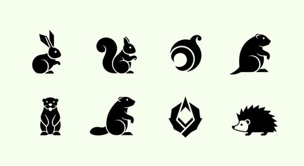 Fototapeta premium Cute Animal Icons Set: Rabbit, Squirrel, Hedgehog, Groundhog, Marmot, Abstract Designs