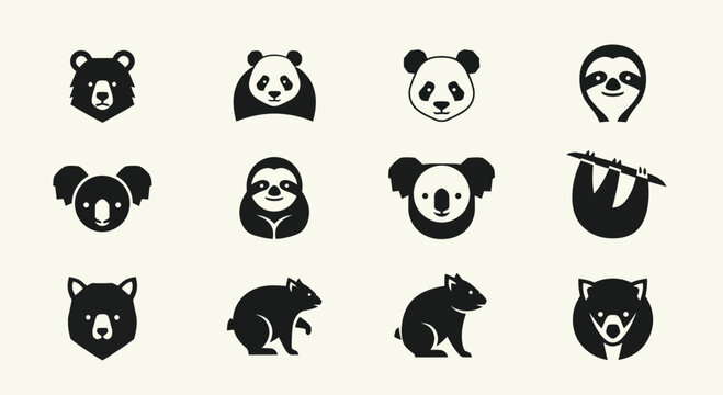 Cute Animal Icons Set: Pandas, Koalas, Sloths, Bears, Wombats, Red Pandas