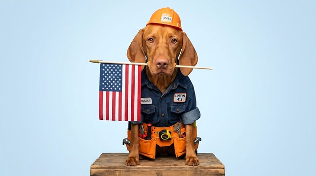 Vizsla dog dressed as a construction worker with american flag
