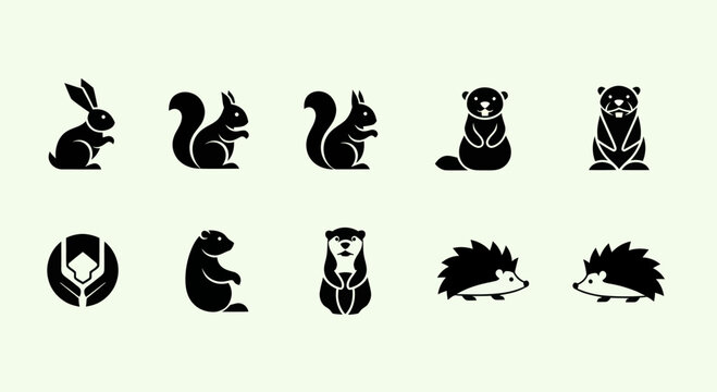 Cute Animal Icons Set: Rabbit, Squirrel, Beaver, Hedgehog, Otter, Woodchuck
