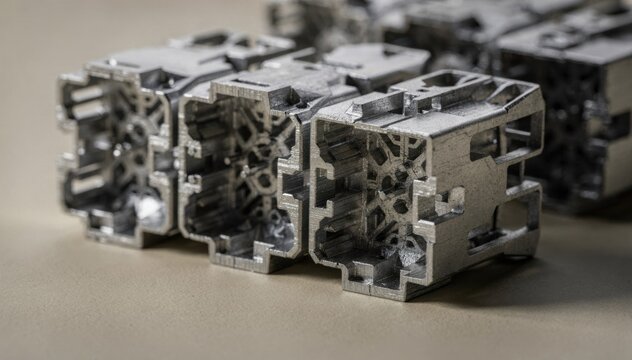 Closeup medium shot of metalprinted custom connector inserts highlighting robust precise detailing and complex lattice structures ideal for industrial applications.