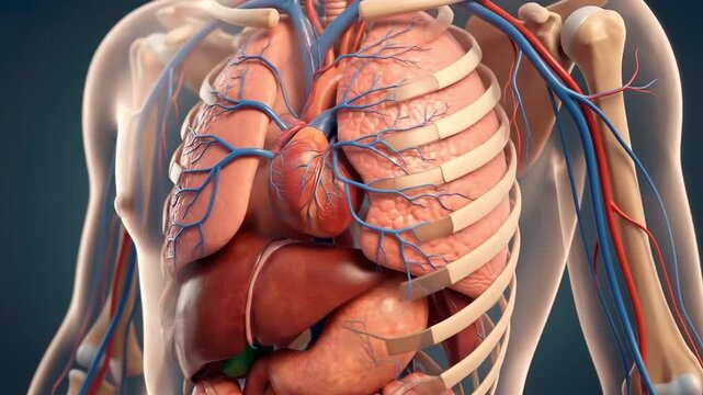 Human internal organs anatomy with lungs heart liver and ribs. Suitable for medical education, healthcare presentations, and biology tutorials.